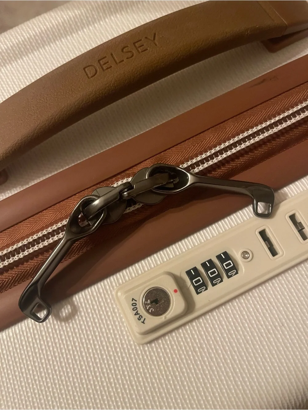 else White Hardside Spinner Luggage with Brown Trim